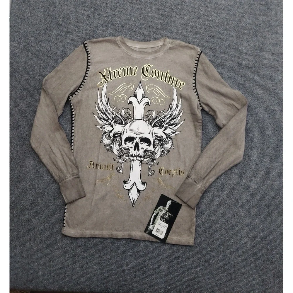 Affliction Xtreme Couture Shirt Men Small‎ Brown Thermal Long Sleeve Skull Cross